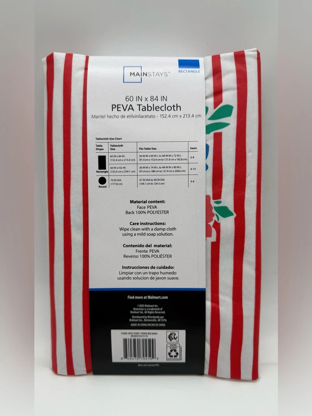 Mainstays Red and White Striped Floral PEVA Tablecloth